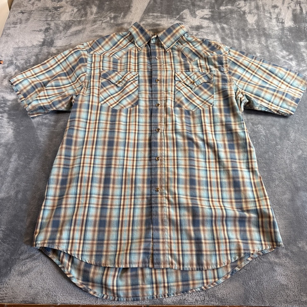 Pendleton Men Plaid Short Sleeve Western Pearl Snap Shirt Large Blue Beige
